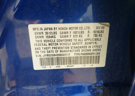 2009 Honda Fit Sport from USA, damaged, VIN JHMGE88439S049117